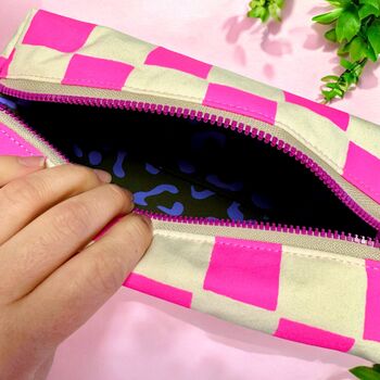 Handprinted Boxy Pouch Pink Checkered Pattern On Natural Canvas, 3 of 4