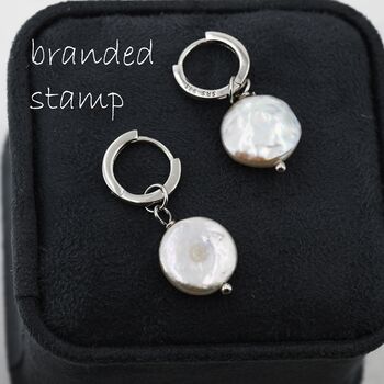 Sterling Silver Coin Baroque Pearl Dangle Hoop Earrings, 4 of 12