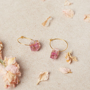 Hexagonal Preserved Pink Flower Gold Hoop Earrings, 3 of 5