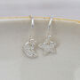 Sterling Silver Mini Textured Mismatch Star And Moon Earrings, thumbnail 1 of 3