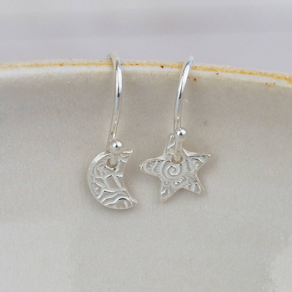 Sterling Silver Mini Textured Mismatch Star And Moon Earrings, 1 of 3