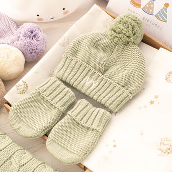 Baby Boy Personalised Bobble Hat And Mittens Gift Set, 5 of 12