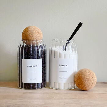 Cork Ball Ribbed Glass Storage Jar With Personalised Waterproof Label, 6 of 10