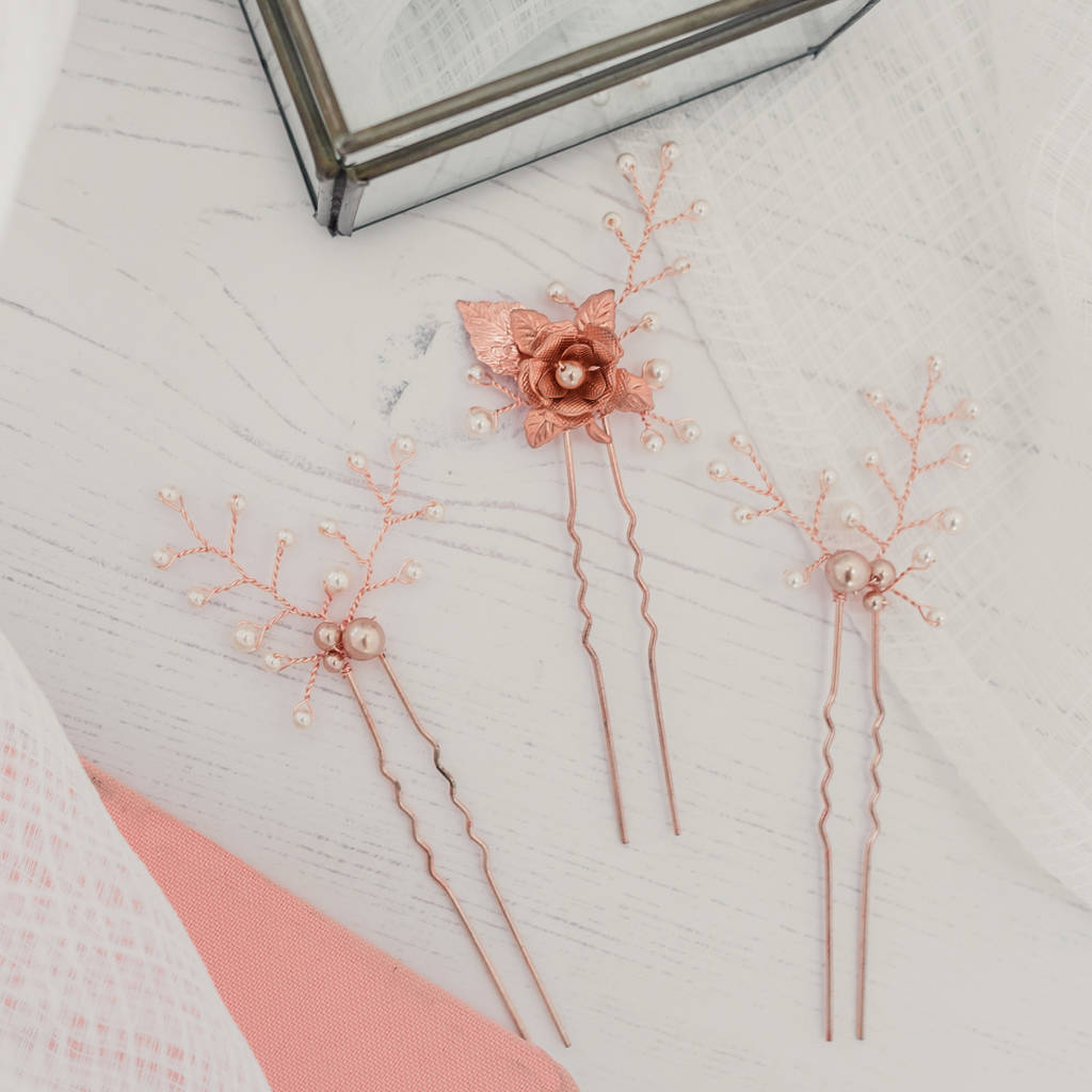 Set Of Three Rose Gold Bridal Hair Pins By Melissa Designs