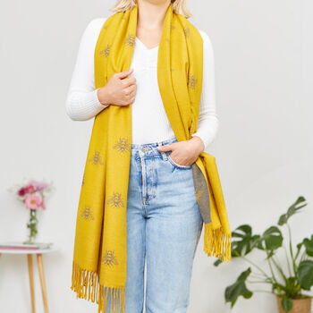 Mustard Cashmere Bee Print Scarf, 3 of 4