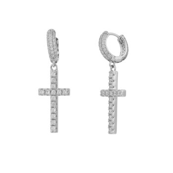 Full Pave Cross Sterling Silver Drop Hoop Earring, 2 of 10