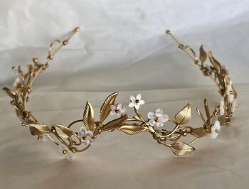 The Ostara Crown Gold Silver Shell Mother Of Pearl Floral Hair Vine Bridal Headpiece, 3 of 12