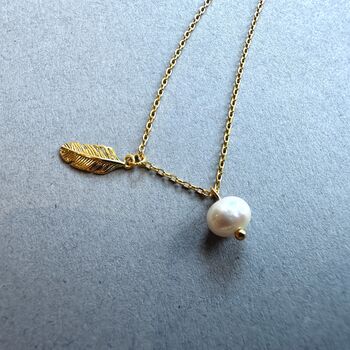 Pearl Necklace Leafe Pendant Sterling Silver 18k Gold, 3 of 5