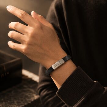 Black Minimalistic Leather Bracelet With Custom Engraving, 2 of 9