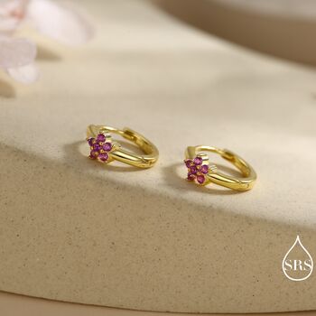 Sterling Silver Ruby Pink Cz Flower Huggie Hoops, 4 of 12