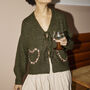 Green Tie Front Leopard Heart Cardigan, thumbnail 1 of 9