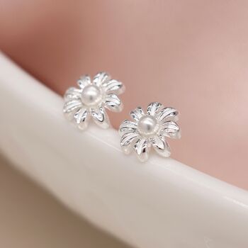 Tiny Sterling Silver Pearl Daisy Flower Stud Earrings, 4 of 7