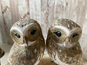 Pair Hand Painted Lovers Friends Wooden Owls Balinese Craft Ornament Figurine Gift, 2 of 9