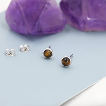 Sterling Silver Genuine Tiger's Eye Stud Earrings, 3 of 12