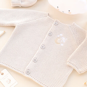Personalised Luxury Baby Cardigan With Embroidered Moon And Stars Initial, 5 of 11