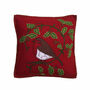 Embroidered Holly Robin Christmas Cushion In Pure Wool, thumbnail 2 of 3