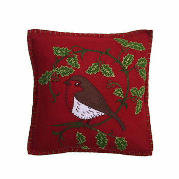 Embroidered Holly Robin Christmas Cushion In Pure Wool, 2 of 3