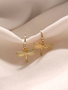 Gold Dragonfly Huggie Hoop Earrings, 2 of 3