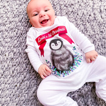 Personalised Cute Penguin 1st Christmas Sleepsuit, 2 of 5