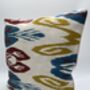 Square Ikat Silk Cushion Abstract Multi Coloured Yellow, Blue, Burgundy, thumbnail 3 of 9