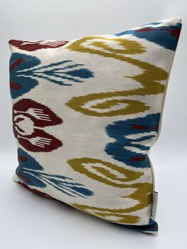 Square Ikat Silk Cushion Abstract Multi Coloured Yellow, Blue, Burgundy, 3 of 9