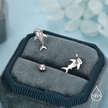 Sterling Silver Shark 18 G Screw Back Stud Earrings With Ball Backs, 6 of 11