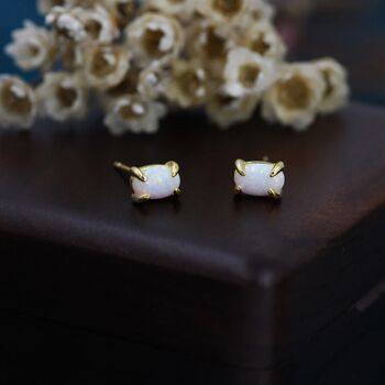 White Opal Oval Stud Earrings In Sterling Silver, 5 of 12