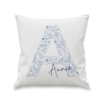 Personalised Floral Blue Initial Cushion Gift For Her, 4 of 4