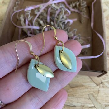 Ceramic Mint Leaf Dangle Earrings Gold Plated, 2 of 6