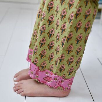 Block Printed Green And Pink Floral Cotton Pyjamas, 5 of 6