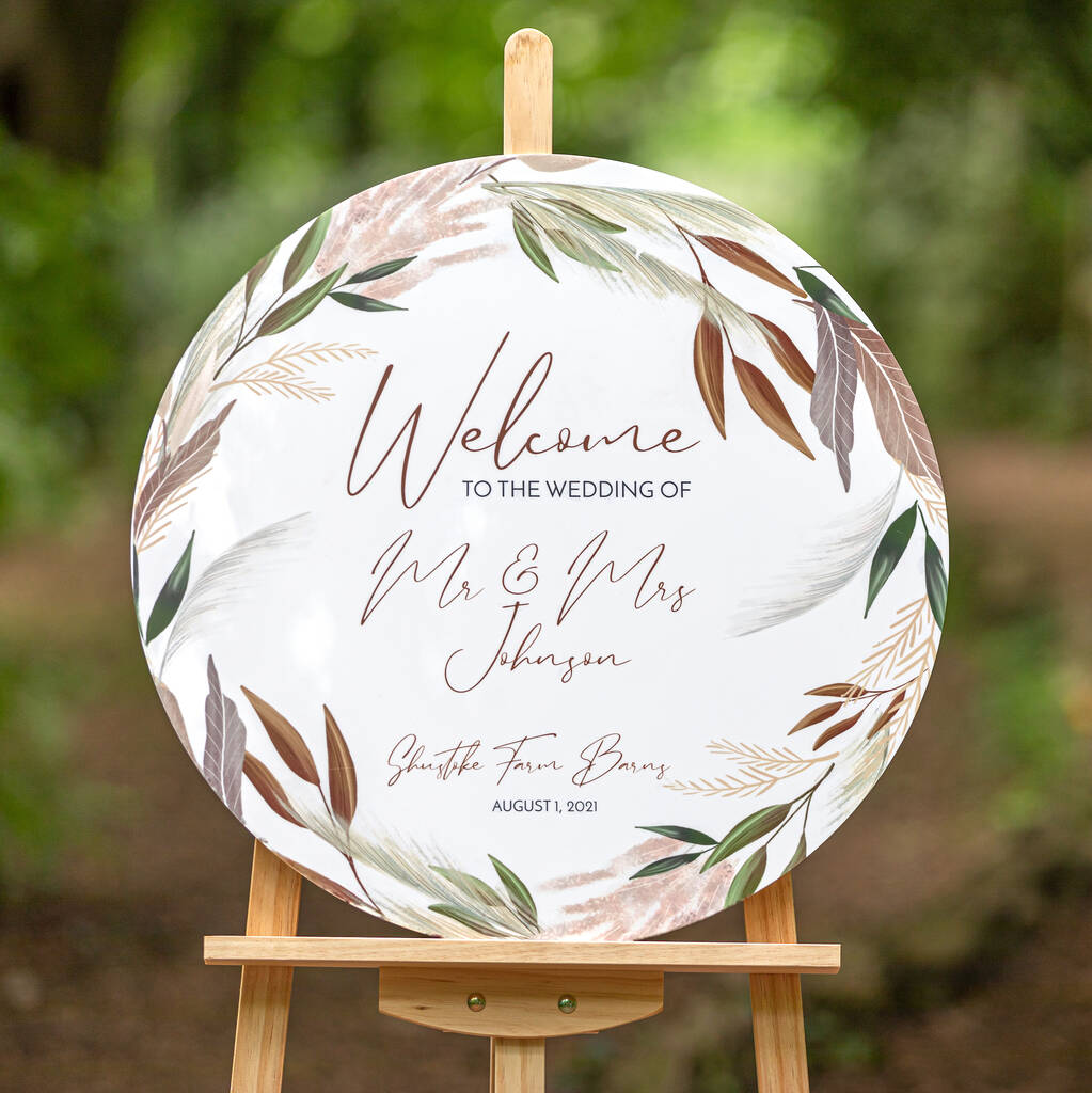 Pampas And Dried Foliage Circle Wedding Welcome Sign, 1 of 3