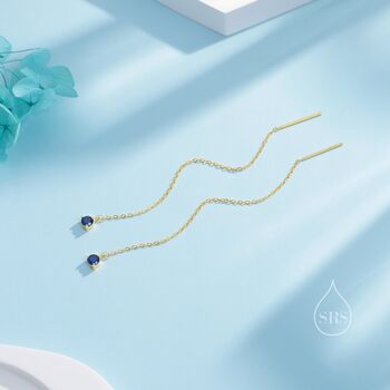 Sapphire Blue Cz Threader Earrings In Sterling Silver, 2 of 10