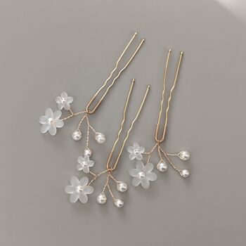 Pearl Flower Bridal Hair Pins Set Of Three, 9 of 13