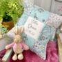 Peter Rabbit Name And Date Cushion Mint And Floral, thumbnail 1 of 9