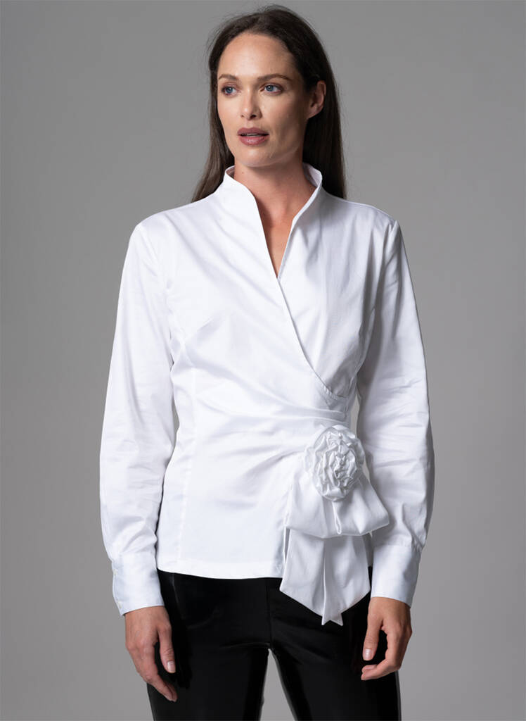 Barbara White Evening Blouse With Bow And Rosette By The Shirt Company