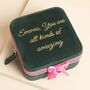 Personalised Green And Pink Velvet Bow Square Travel Jewellery Case, thumbnail 1 of 3