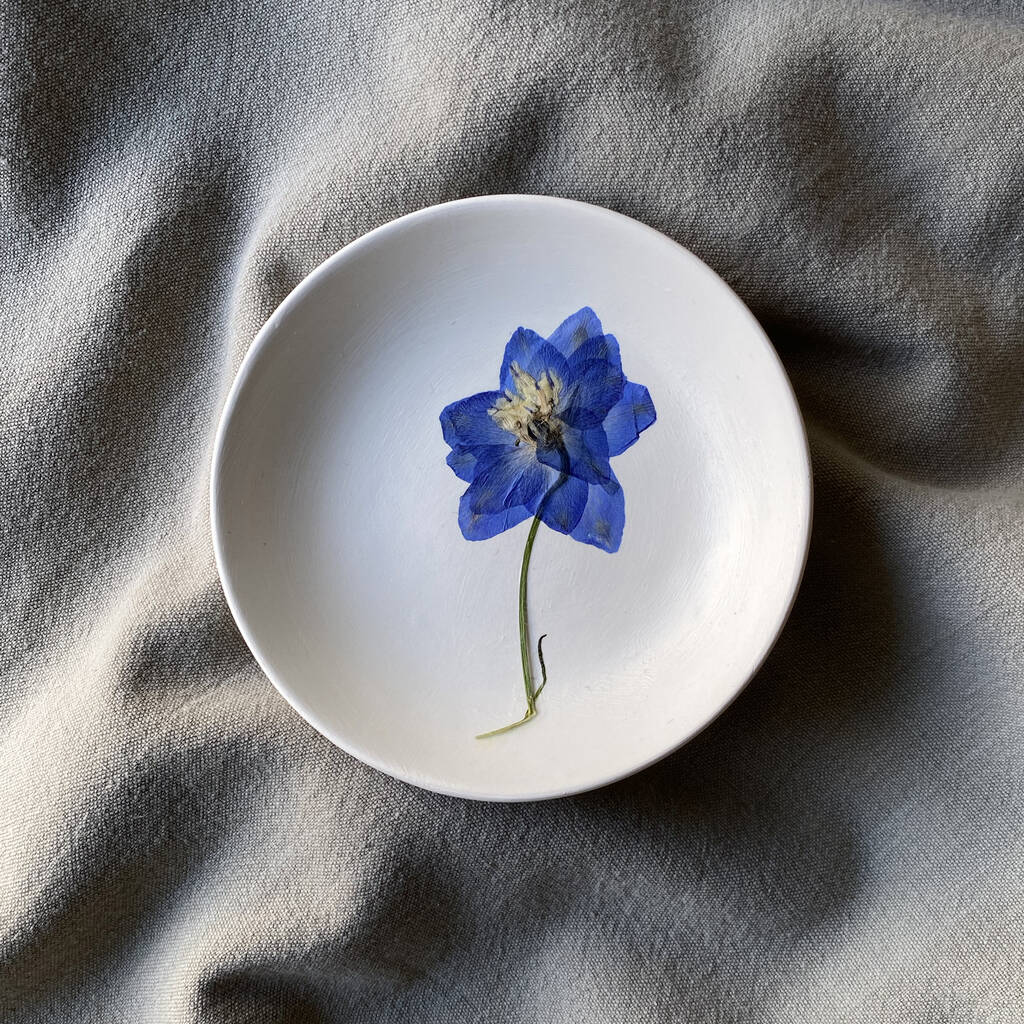 Real Pressed Larkspur Ceramic Trinket Dish By Lydia Florence