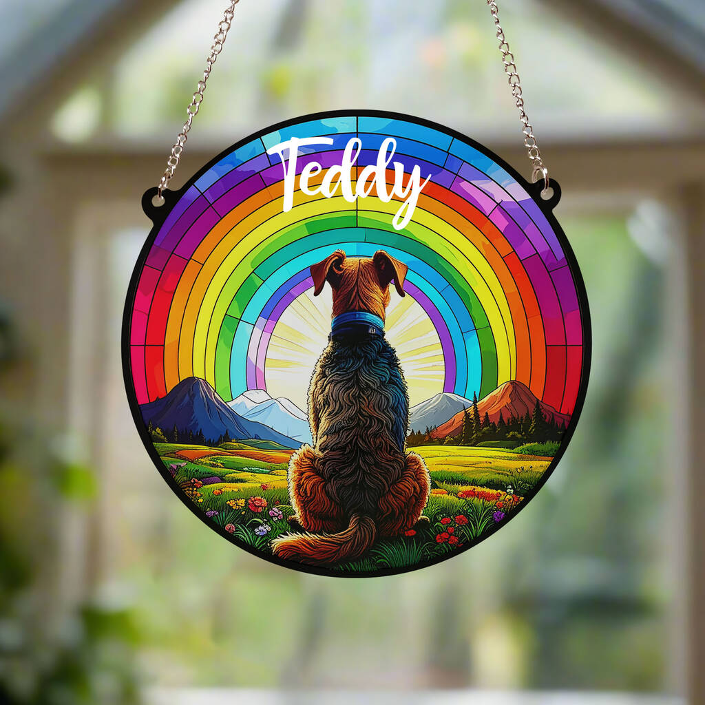 Fox Terrier Rainbow Bridge Stained Glass Effect Suncatcher, 1 of 5