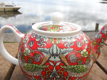 Two Cup Teapot In Red Strawberry Thief Design, 8 of 12