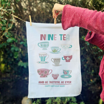 Personalised Nine Tea Tea Towel 90th Birthday Present, 2 of 4