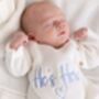 He's Here Embroidered New Baby Long Sleeve Knitted Romper, thumbnail 2 of 12