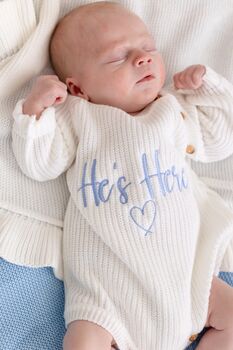 He's Here Embroidered New Baby Long Sleeve Knitted Romper, 2 of 12