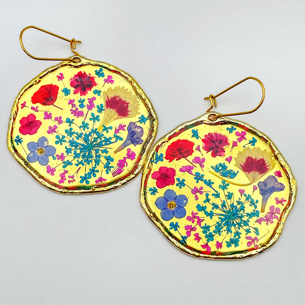 Large Gold Earrings With Colourful Flowers, 1 of 10