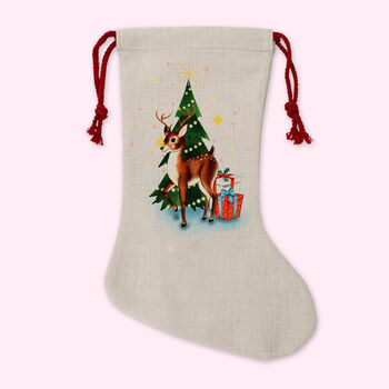 Retro Reindeer And Tree Linen Christmas Stocking, 3 of 4