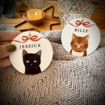 Personalised Christmas Cat And Bow Ceramic Tree Decoration, 5 of 7