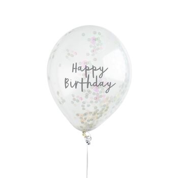 Five Iridescent Silver Happy Birthday Confetti Balloons, 2 of 2