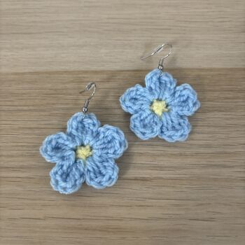 Handmade Crochet Forget Me Not Earrings: Surgical Steel, 11 of 11