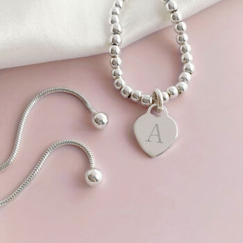 Sterling Silver Ball Slider Bracelet With Personalised Initial Dainty Heart Charm, 4 of 11