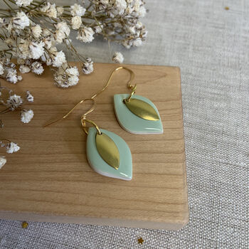Ceramic Mint Leaf Dangle Earrings Gold Plated, 5 of 6