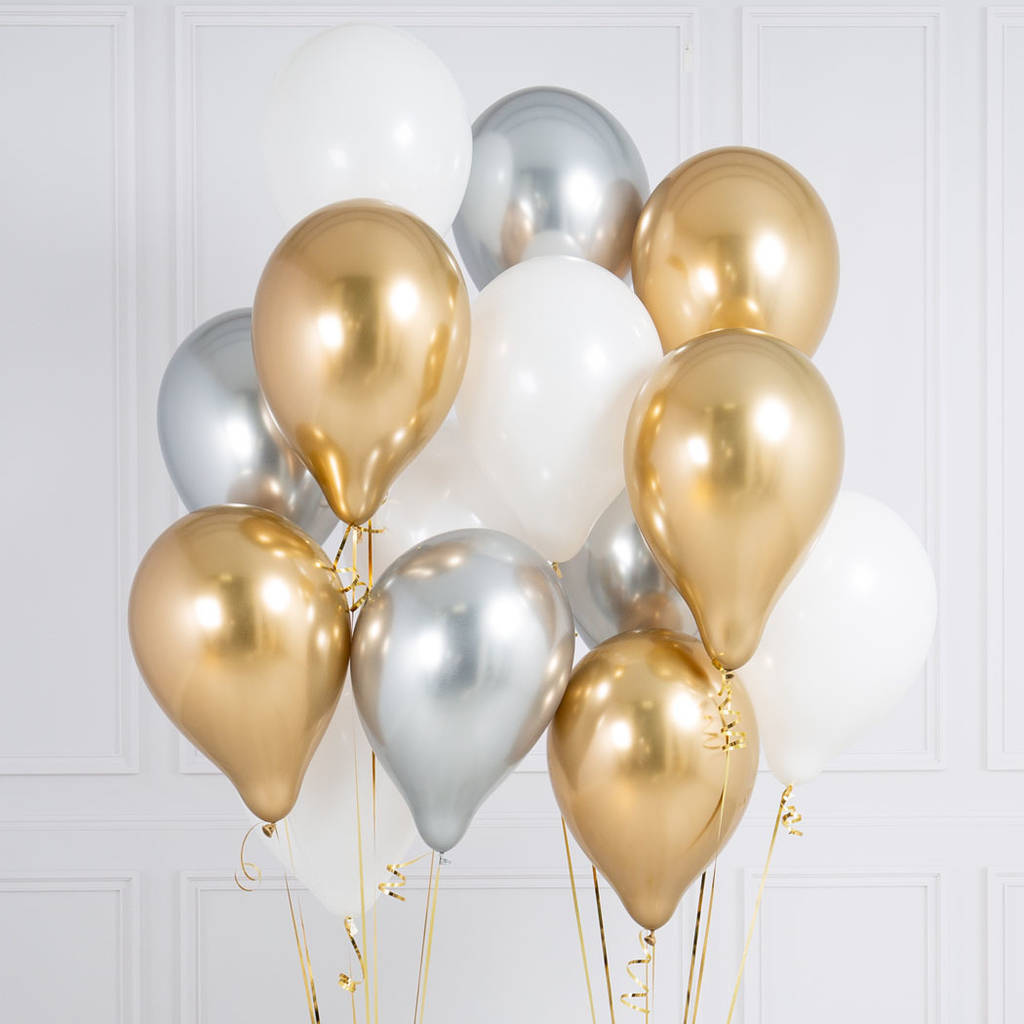 Pack Of 14 White, Silver And Gold Chrome Party Balloons By Bubblegum